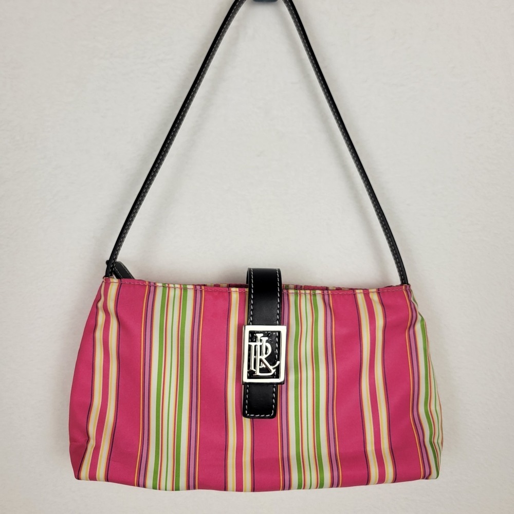 Vtg Y2K Lauren Ralph Lauren Pink Stripe Nylon Baguette Shoulder Bag Pochette
